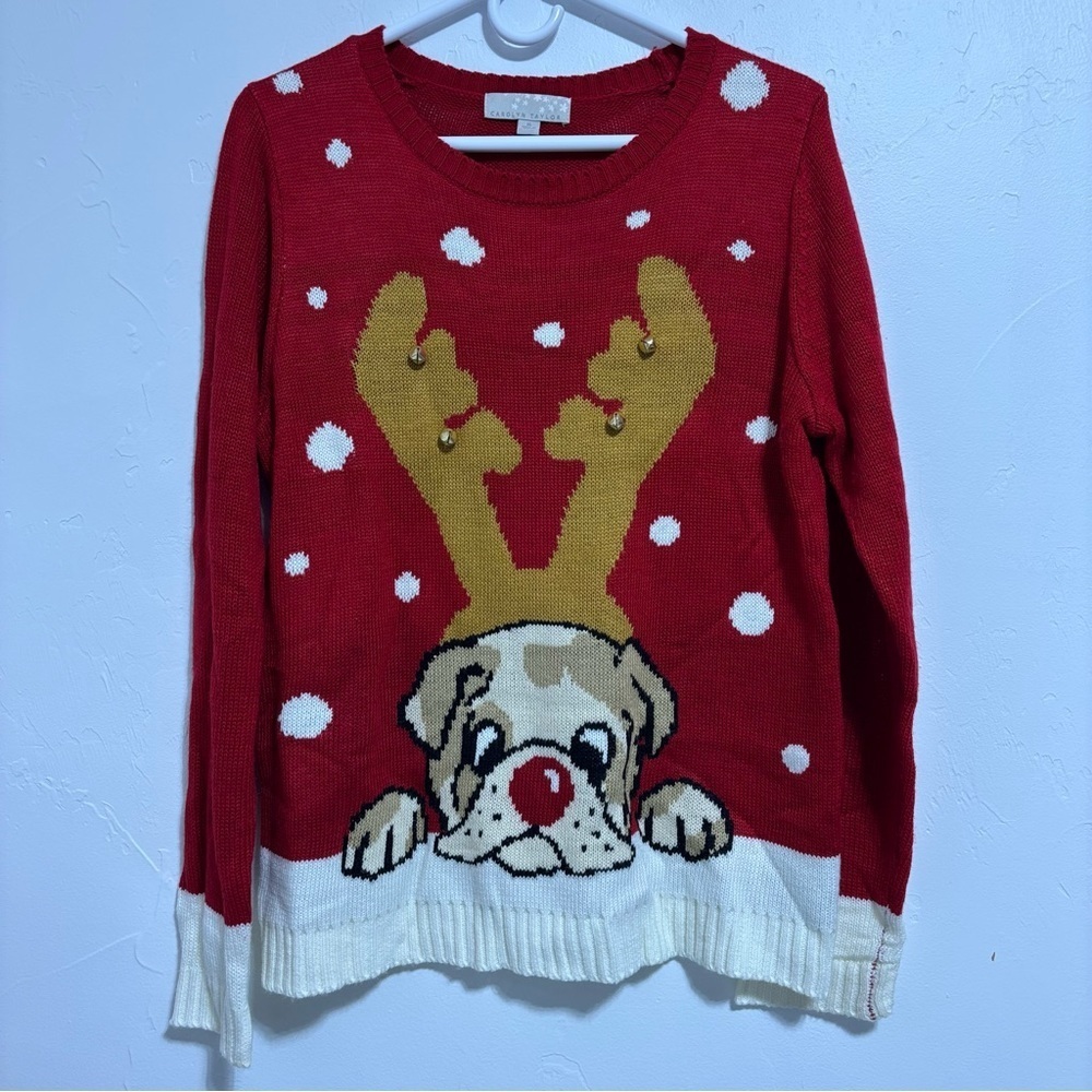 Carolyn Taylor Women's XL Red Christmas Sweater Pug Dog Rudolph Bells Boxer Snow